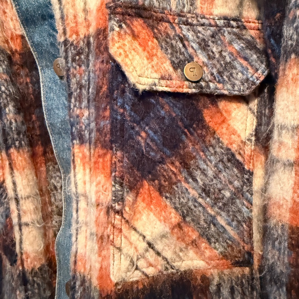 Pilcro Plaid Wool-Blend Shirt Jacket in Rust and Navy with Denim Trim - Picture 3 of 4
